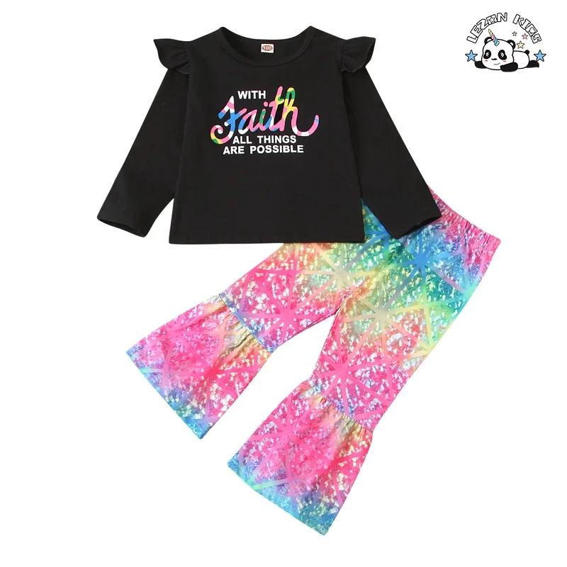 LEZONKIDS - Kids Clothing New Design Rainbow Sequined Long Sleeve Spring Autumn Girls Clothing Sets